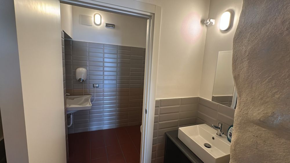 ona antibagno accessibile con lavabo moderno su mobile scuro e pareti con rivestimento grigio.