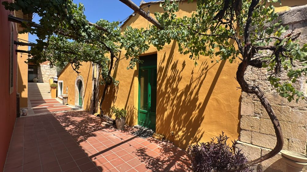 Cortile esterno con pergolato di vite rampicante, facciata ocra e pavimentazione in cotto